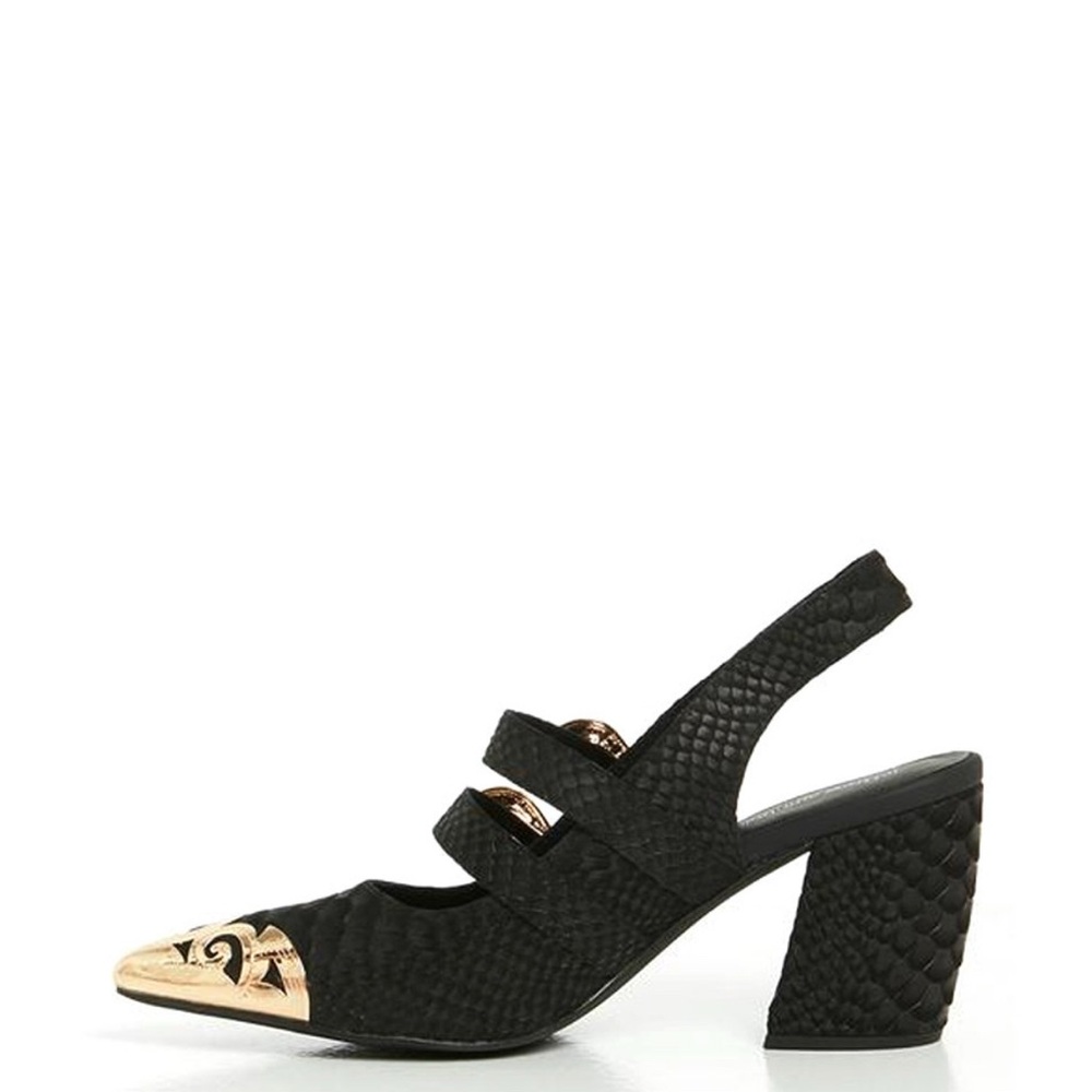 Jeffrey Campbell Black and Gold Detail Walter Block Heel Slingback Pump Heels